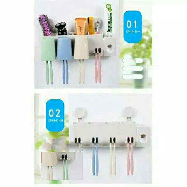 Wheat Straw Toothpaste Dispenser Set + 3 Glasses + Toothbrush Rack + Wheat Straw Fiber Bathroom Shelf