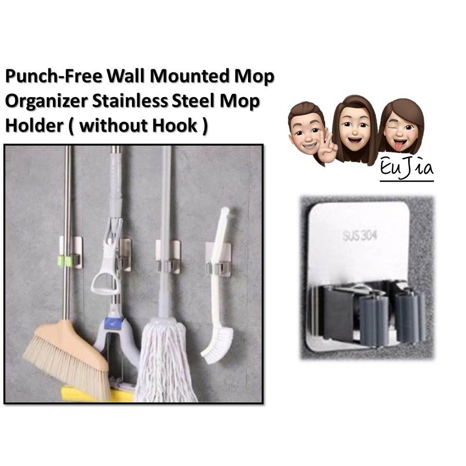 Ready Stock PunchFree Wall Mounted Mop Organizer Stainless Steel Mop