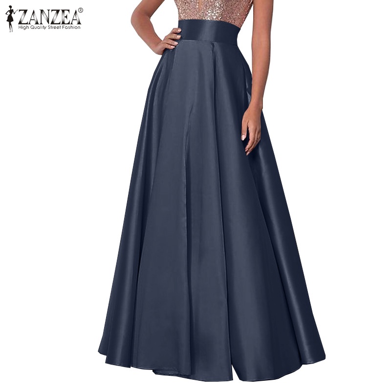 ZANZEA Women Fashion Satin Back Zipper Elastic High Waist Casual Maxi Skirt