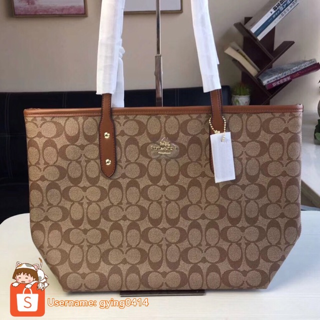 Coach Signature City Zip Tote Handbag Khaki Saddle F58292 Handbag Bag Women Beg Shopee Malaysia