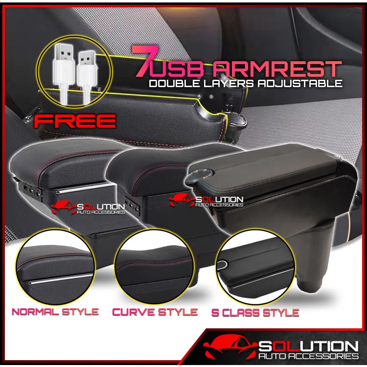 7USB Double Layers Armrest Adjustable Cup Holder Arm rest Perodua Axia Myvi Bezza Almera Honda