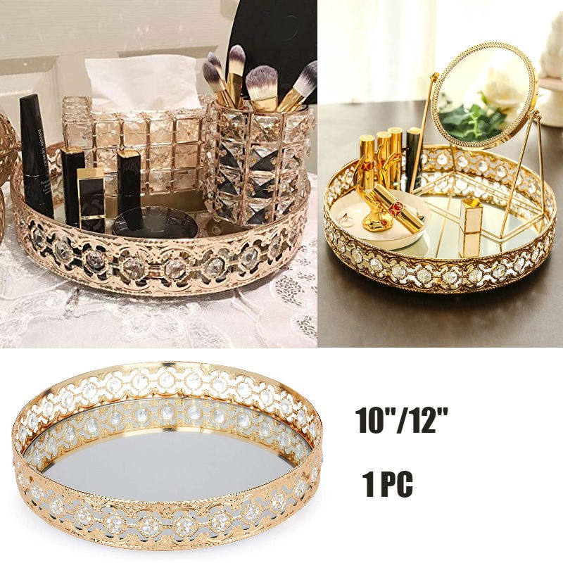 Gold Crystal Tray Glass Mirror Metal, Gold Mirrored Jewellery Tray