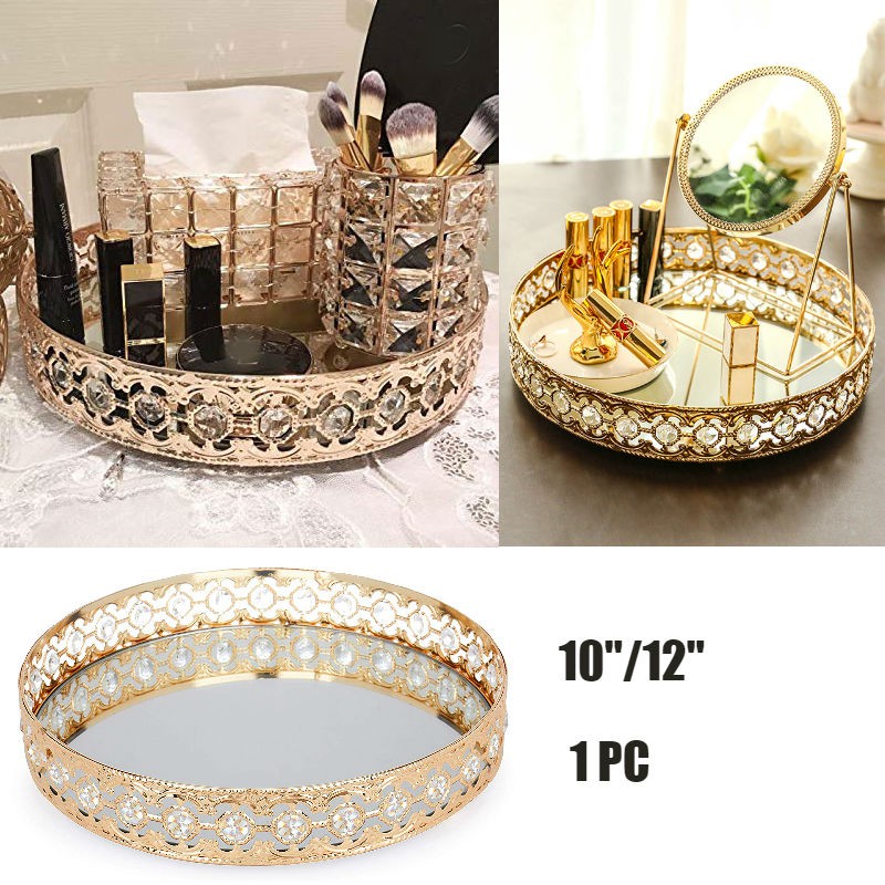 Gold Crystal Tray Glass Mirror Metal Mirrored Ornate Decorative