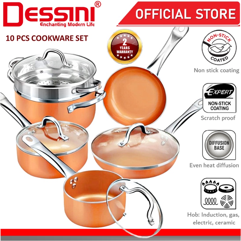 DESSINI ITALY Aluminium Non Stick Induction Copper Casserole Pot Bowl Deep Fry Pan Cookware Tool PERIUK (10 Pcs)