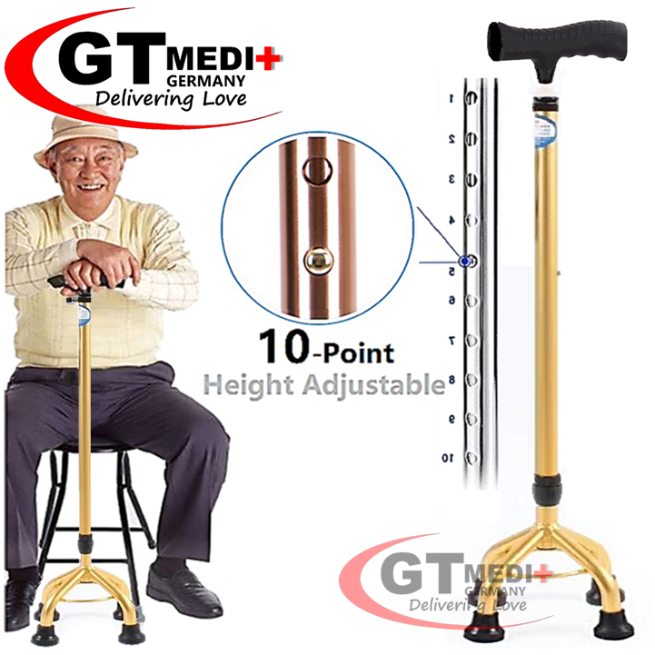 GT MEDIT GERMANY 10 Point Adjustable Height Quad Base Cane Walker Foldable Crutch Walking Aid Mobility Stick / Tongkat