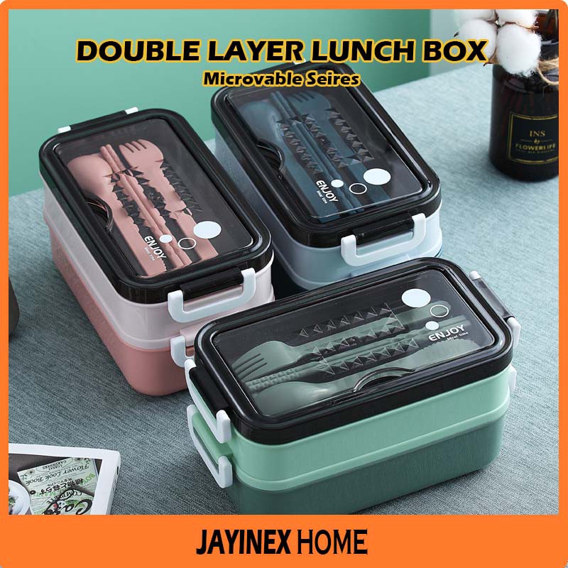 Jayinex Double Layer 1.5L Capacity Lunch Box with Spoon, Fork, Knife & Chop Stick Microwave Safe Food Storage Container