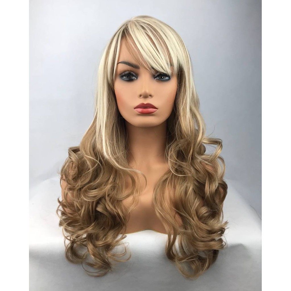 Two Tone Side Bangs Wave Long Wigs Brown Cosplay Party Wig