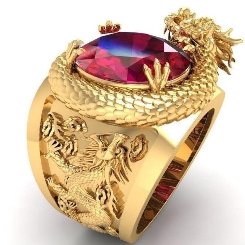 3D Dragon Gold Titanium Steel Crystal Ruby Diamond Men Fashion Jewelry Animal Sculpture Punk Rings