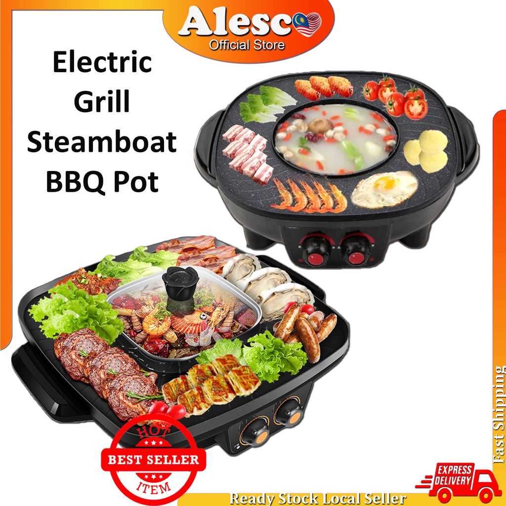 2 in 1 Square BBQ Dual Temperature Controllers Pan Grill Hotpot Steamboat Electric BBQ Grill