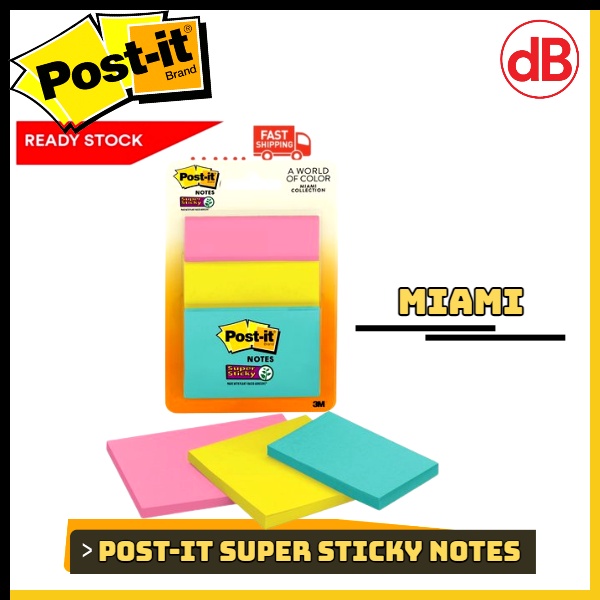 3M 3432-SSMIA-C Post-it Super Sticky Notes Miami (45s x 3 Assorted Pads ...