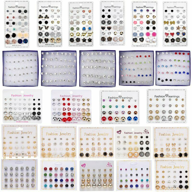50 Style!!! Wholesale 6/12/20 Earrings Set Rhinestone Crystal Pearl Women Ear Stud Jewellery Card Set