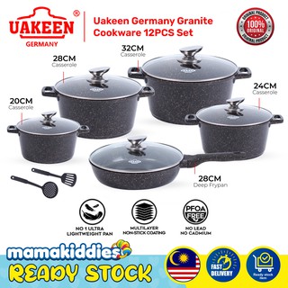 Germany Uakeen 6/10/12 pcs Granite Cookware Set Coating Non Stick Casserole Set Cooking Pot Frying Pan Set Periuk