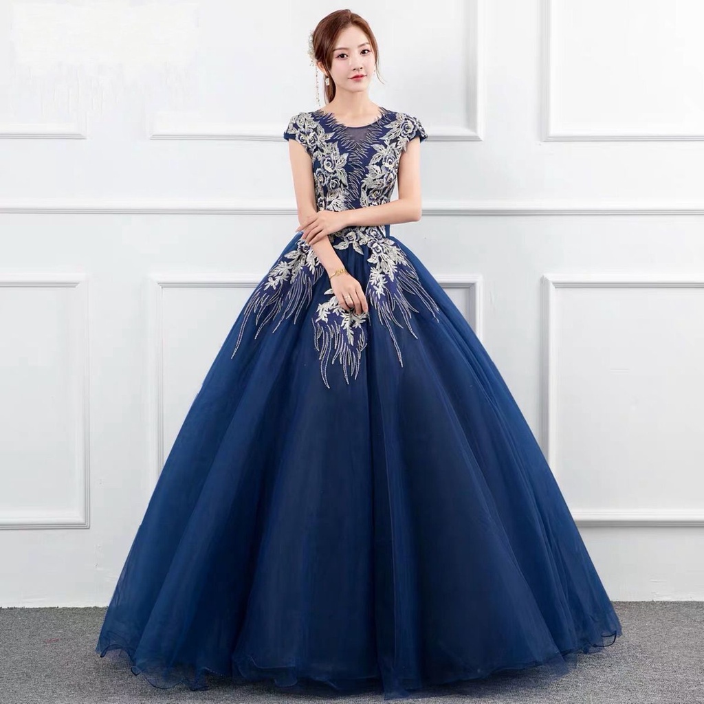 Navy Blue Bridesmaid Ball Gown Red Golden Yellow Emcee MAXI Dress Gaun ...