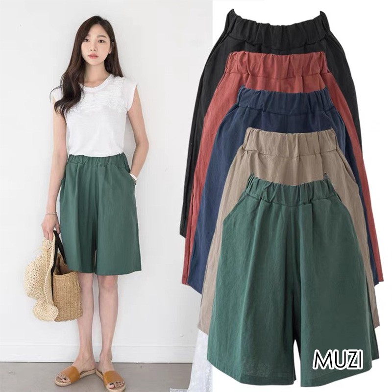 【Plus size】(Multi Color) Oversize pants wide leg cotton linen women's summer casual shorts
