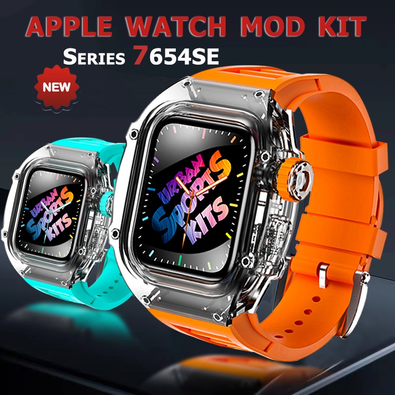 Mod Kit For Apple Watch Band 8 7 45Mm Fluororubber Iwatch Series 6 5 4 SE 44Mm Modification Silicone Transparent Case Rubber Strap