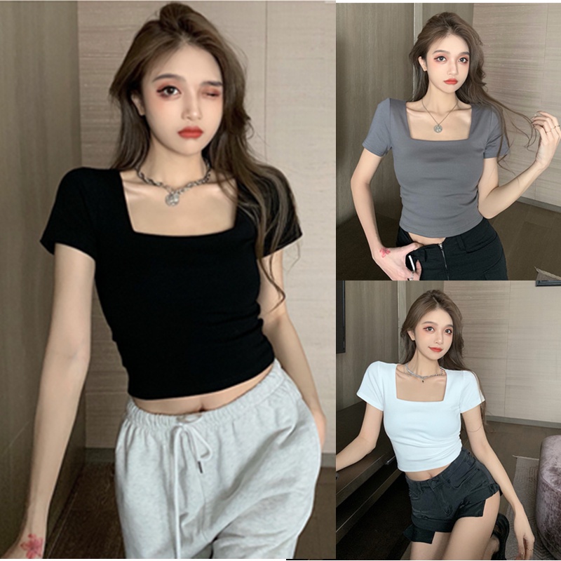 【WJZ】Women's Fashion Solid Color Square Neck Short Sleeve High Waist CropTop【6746】