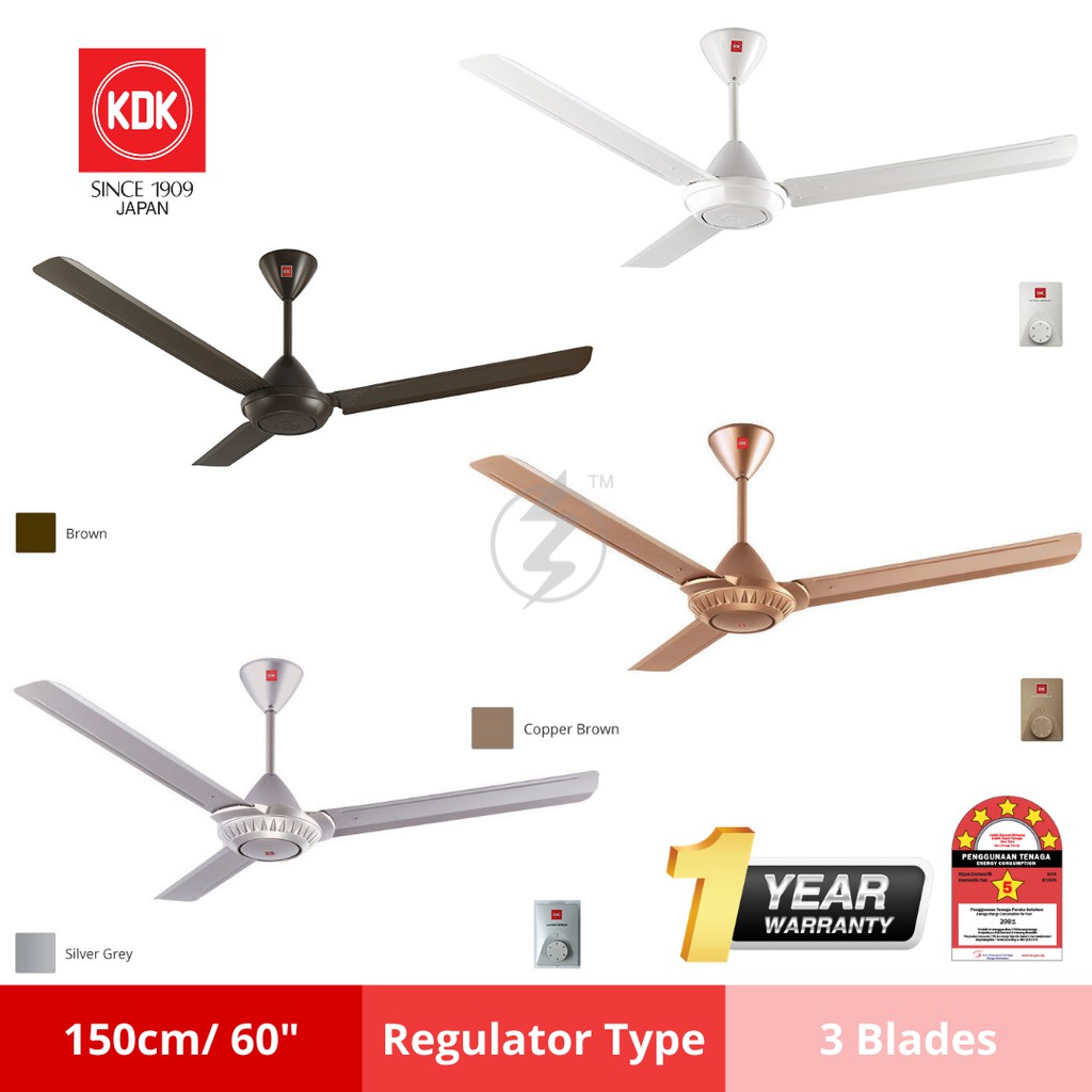KDK 3 Blades Ceiling Fan 60 Inch / 150cm - K15V0/ K15W0 /K12V0 (White /Sliver /Dark Brown/Copper) /F-M15A0