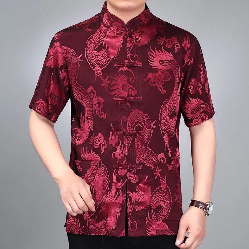 High Quality Silk Satin Shirt Plus Size Embroidery Dragon Tang Suit Middle-aged and Elderly SamFu Traditional Costumes Short Sleeve Tang Suit Chinese New Year T Shirt CNY Tops Men Clothes Dad Blouse Grandpa Top 中国风短袖衬衫 刺绣龙唐装