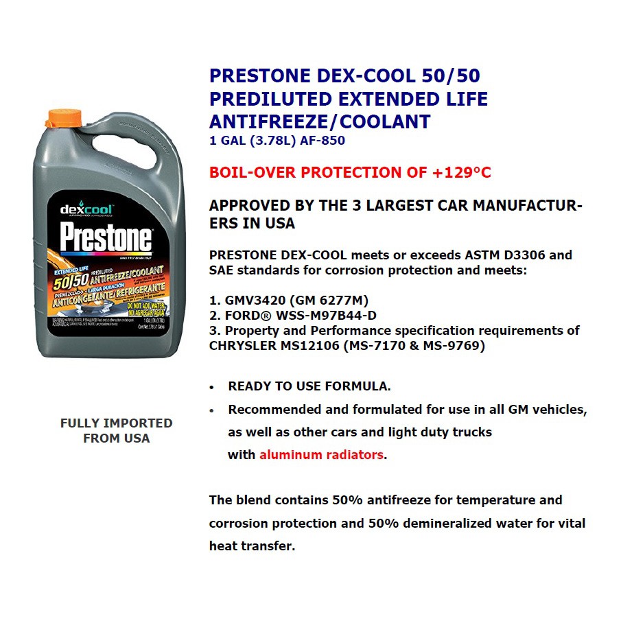 Prestone Dex Cool 50 50 Prediluted Extended Life Antifreeze Coolant 3 78l Af 850 Made In Usa Shopee Malaysia