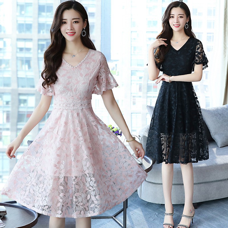 优质现货 实拍正韩洋装短袖洋装蕾丝洋装修身显瘦v领蕾丝连身裙中长款a字裙快速出货女生衣着时尚百搭