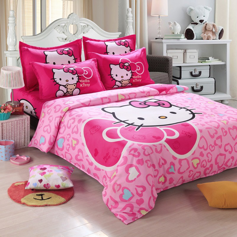 Single Queen Cartoon Cadar Hello Kitty Bedding Set Sheet Quilt Cover Pillowcase