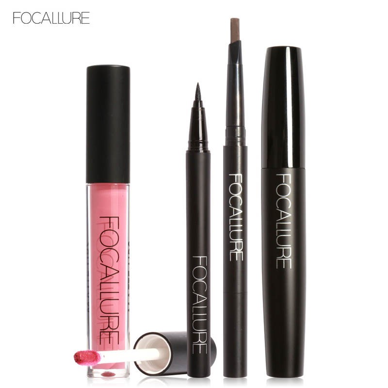 FOCALLURE Makeup Set Eyeliner Pencil Lip Gloss Eyebrow Mascara 4 Pcs