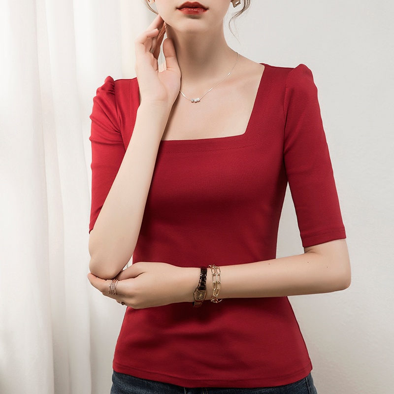 New French Retro Square Collar Womens Clothing Design For Ladies High Quality Half Sleeve Cotton T-Shirt