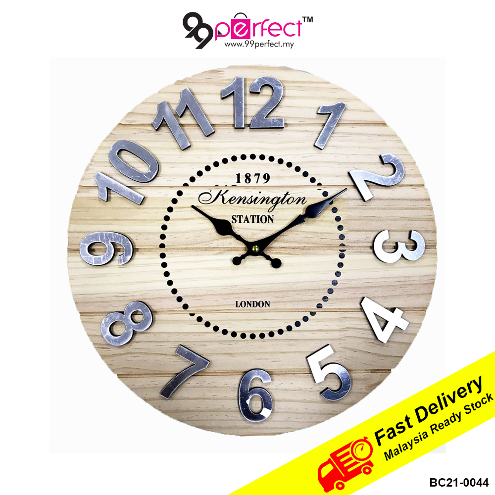 40CM Large Quartz Wall Clock Silent Moment Wooden Clock Vintage Round
