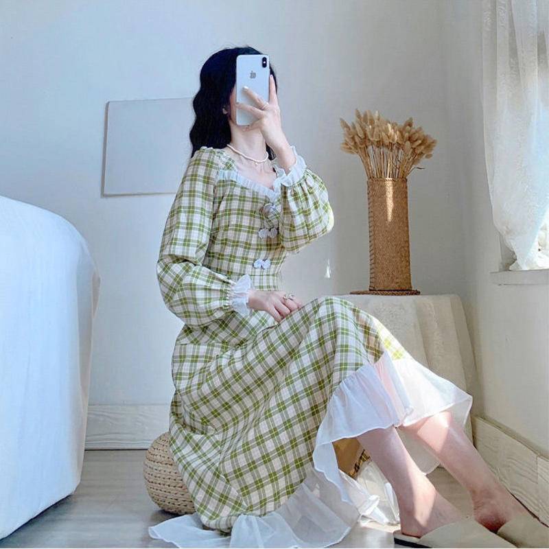 LYY Family? 2022 New Style Skirt Narrow Waist Slimmer Look French Retro Plaid Gentle Fairy Temperament Dress Women