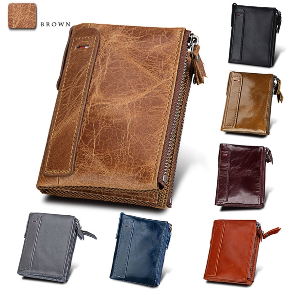 Genuine Cowhide Leather Men Wallets Double Zipper Short Purse Coin Pockets Anti Rfid Card Holders - 