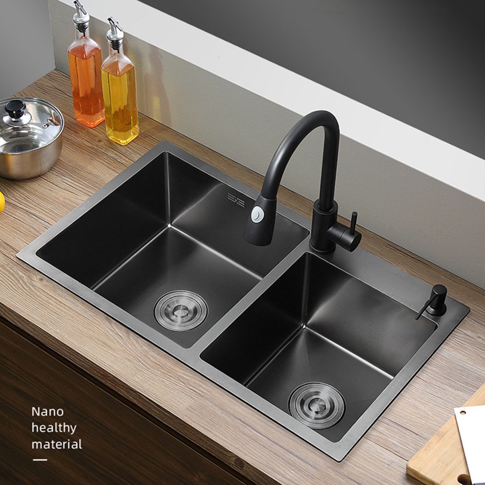 Buy 1 8 800 450mm Handmade Kitchen Sink Double Bowl Black Stainless Steel Kitchen Sink Shopee Malaysia