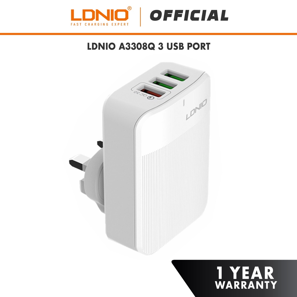 LDNIO A3308Q QC3.0 + 2USB 2.4A Fast Charge Charger Adapter
