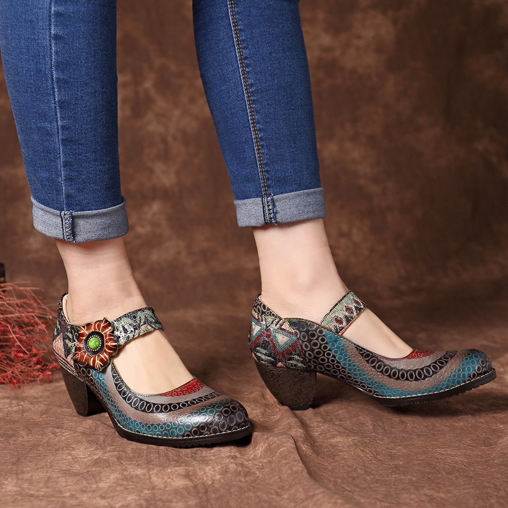 socofy vintage floral genuine leather splicing colored band stitching hook loop flat shoes