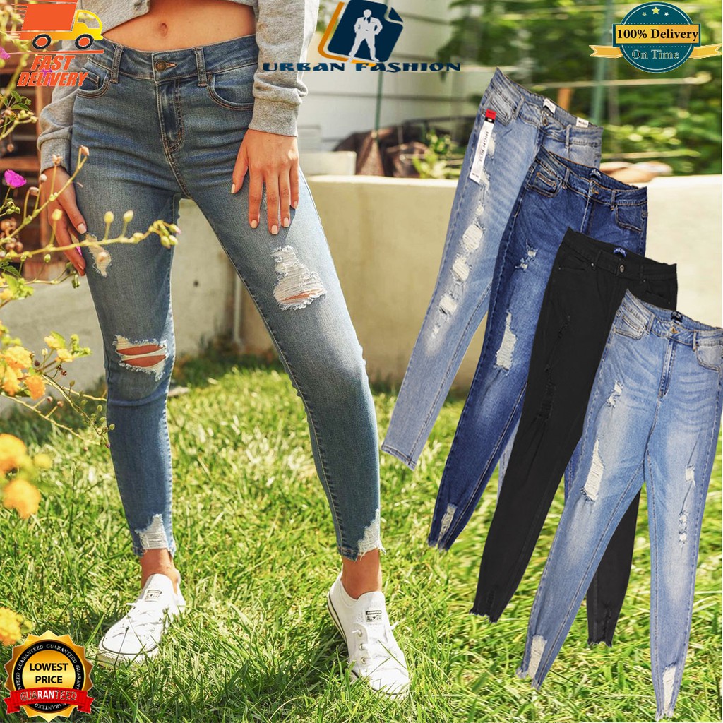 Stretchable High Waist Skinny Ripped Jeans Getah Pinggang Womens Denim High Rise Distressed Jean Seluar Koyak Size Besar