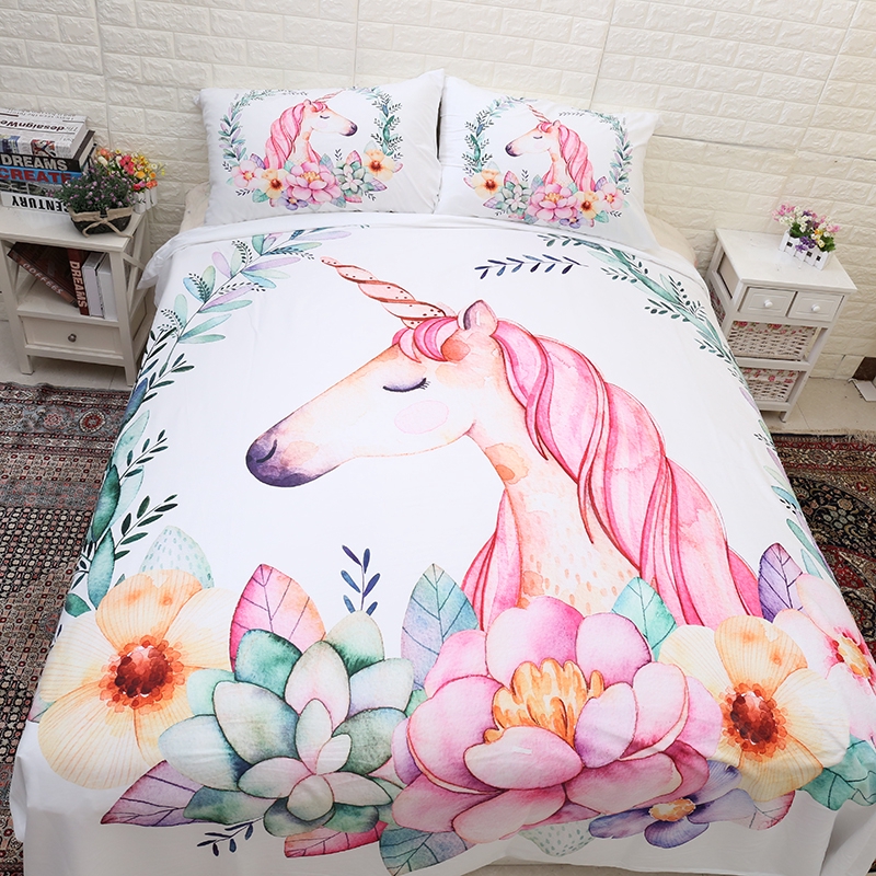 Unicorn Bedding Set Cartoon Duvet Cover Twin Full Queen 3pcs