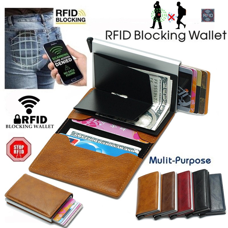 Blocking RFID Card Holder Wallet Dompet Slim Automatic Pop Up Credit