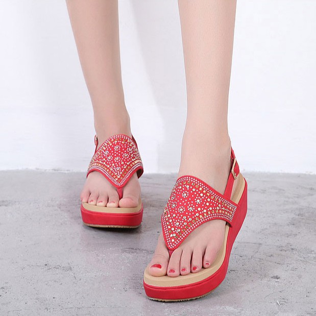 Women Sandals Wedges Heels Plus Size Rhinestone Flip Flops Beach Kasut ...