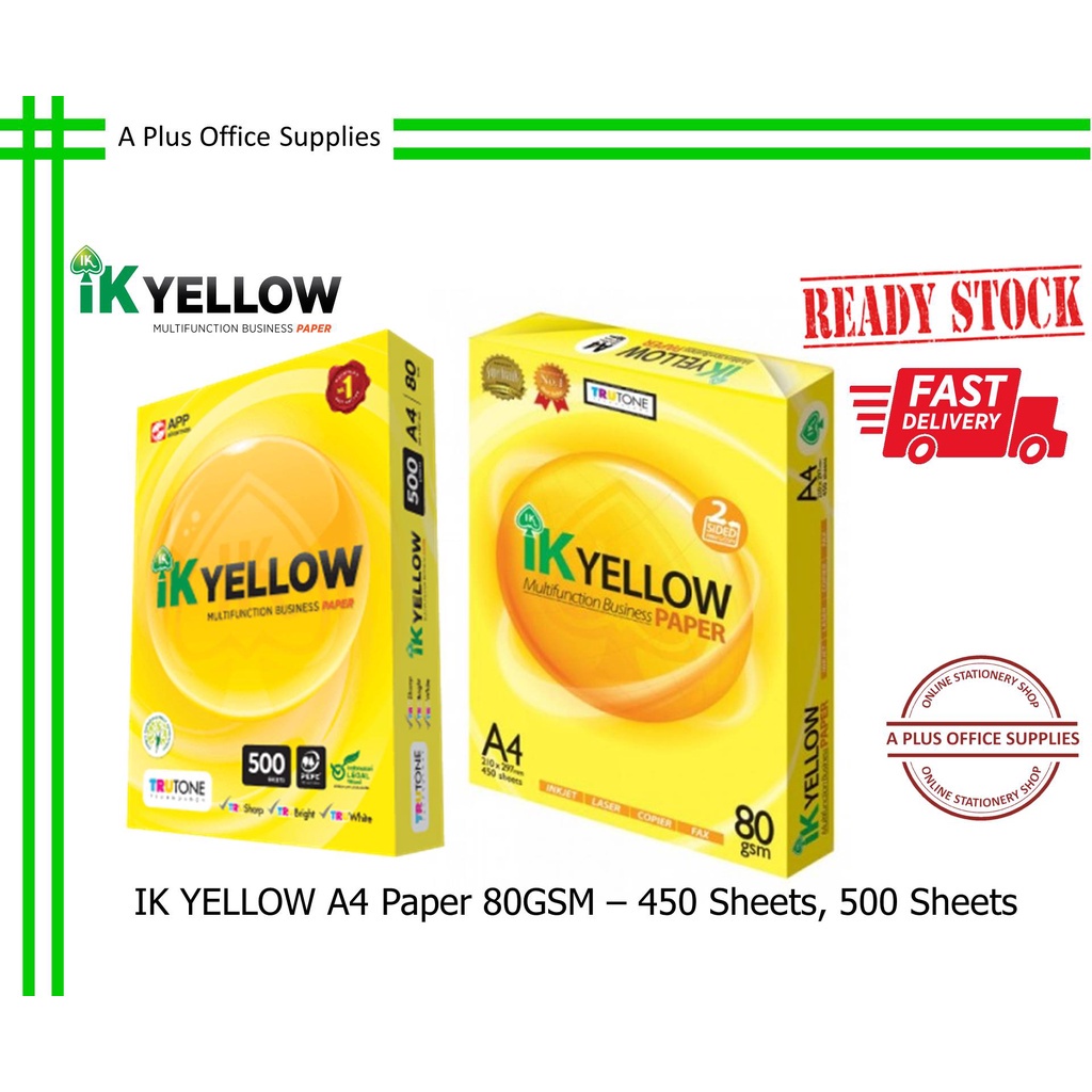 IK YELLOW A4 Paper 80GSM / Kertas A4 - 450 sheets, 500 sheets | Shopee ...