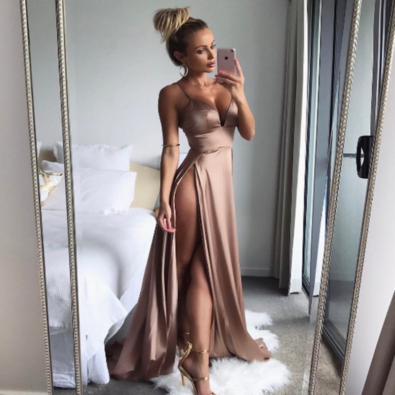 Deep V Neck Sexy Prom Dresses Long 2021 Champagne High Side Slit Vestidos De Fiesta De Noche Formal Dress Evening Women