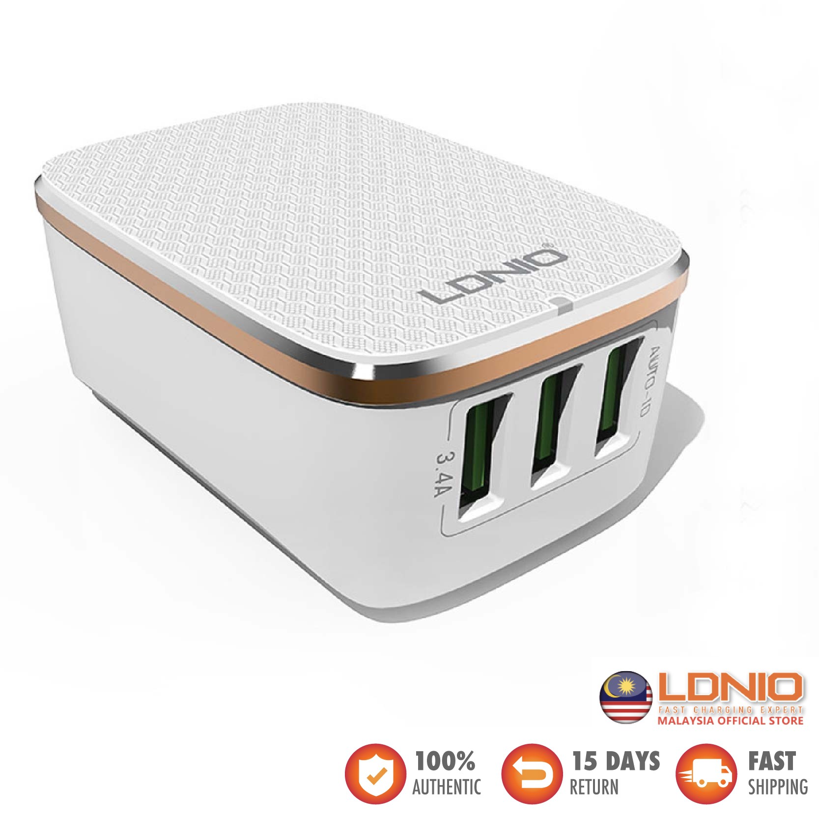 LDNIO A3304 Triple 3 USB Output Port Auto ID USB Charger (3.4A)