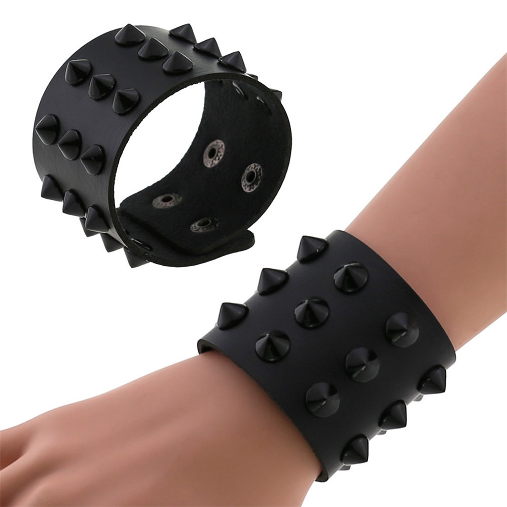 Vegan Leather Spike Bracelet Punk Wide Snap Button Wrap Bracelets