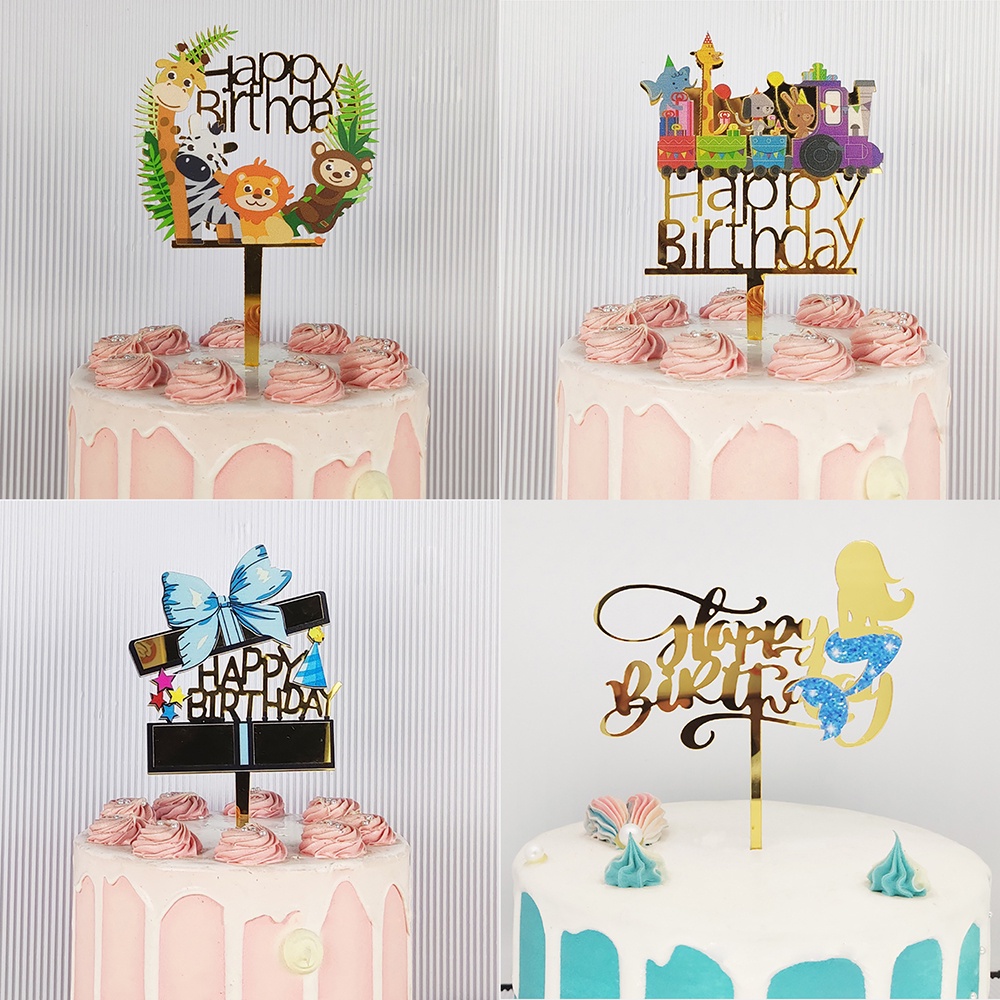 Cute Animal Happy Birthday Cake Toppers Birthday Party Acrylic Dessert Cupcake Toppers