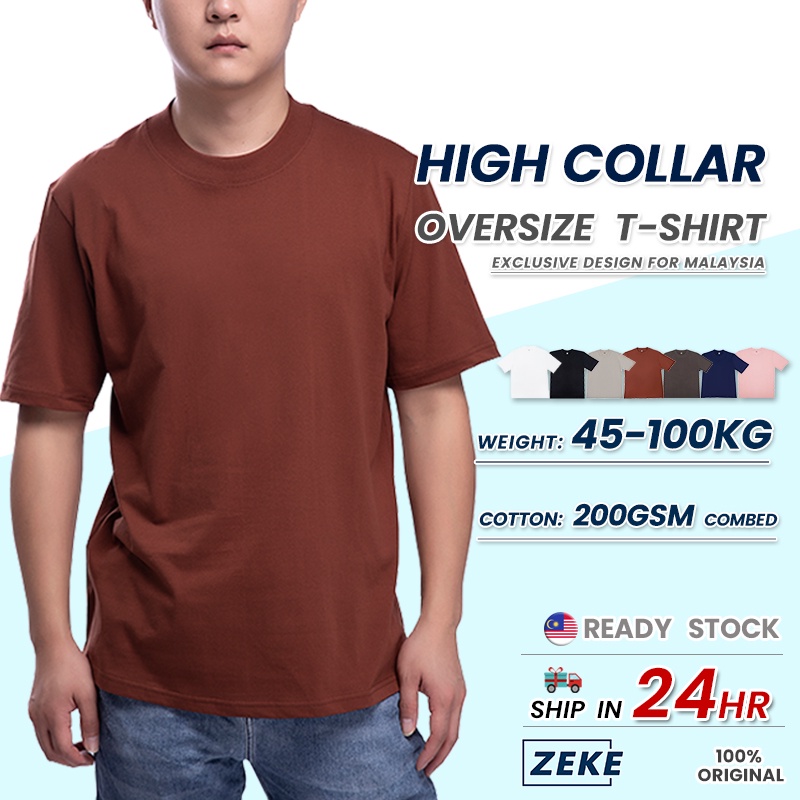 ZEKE T Shirt Lelaki Half Sleeve Oversized High Collar Tshirt Men Plain Color Plus Size Tshirt