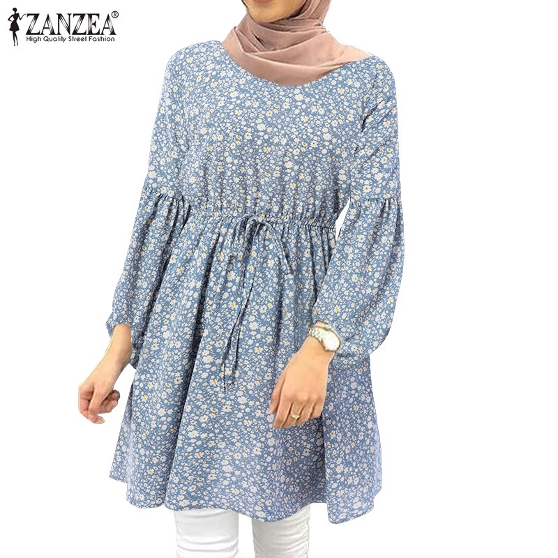 ZANZEA Women Muslim Elegant Casual Long Sleeve O Neck Lace Up Floral Printed Blouse #1