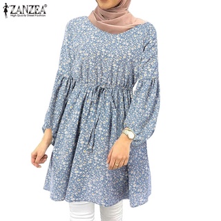 Image of ZANZEA Women Muslim Elegant Casual Long Sleeve O Neck Lace Up Floral Printed Blouse