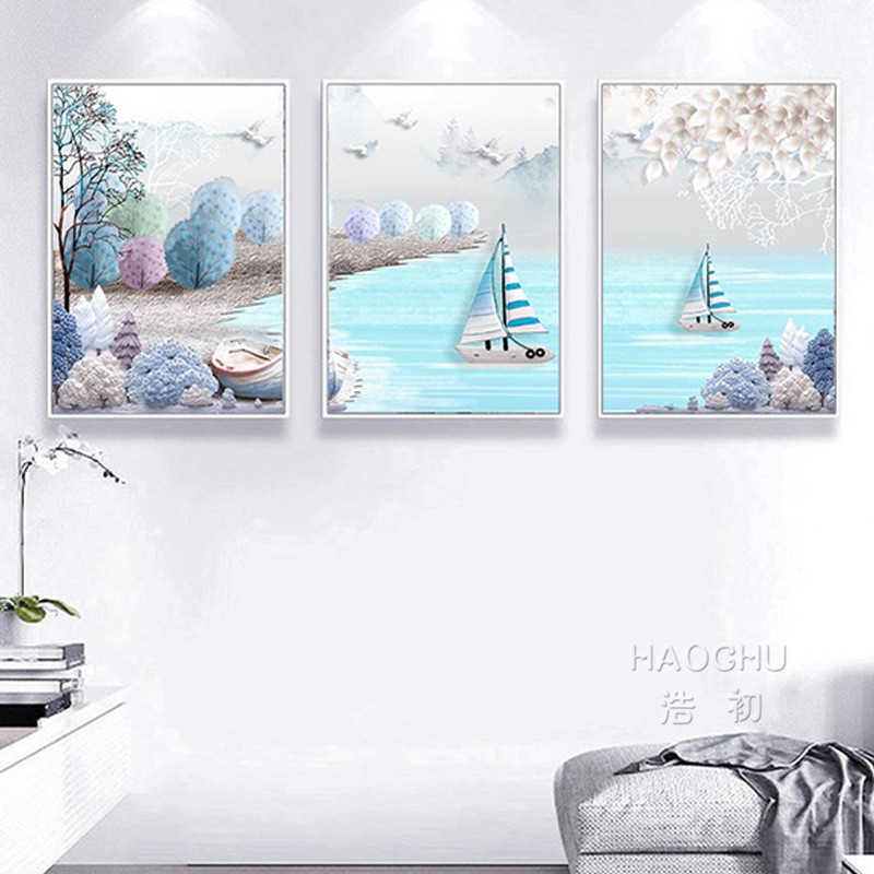 Nordic Mediterranean Sea Sailing Ship Print Art Poster Triptych Abstract Canvas Painting Kids Room Wall Decor Shopee Malaysia