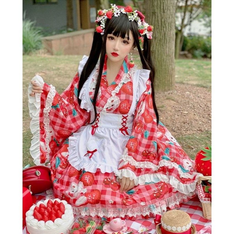 冬季新品洛丽塔原创格子和风草莓樱桃开襟浴衣套装cute Strawberry Lolita Japanese Styles Dress