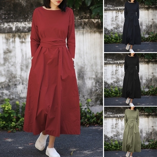 ZANZEA Women Round Neck Belted Solid Color Long Sleeve Long Dress #3