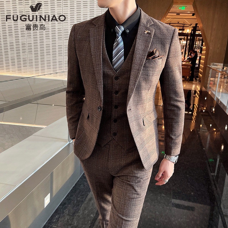 Genuine Product Rich Bird Suit Men's Three-Piece Slim-Fit Professional Business Formal Best Groom Dress