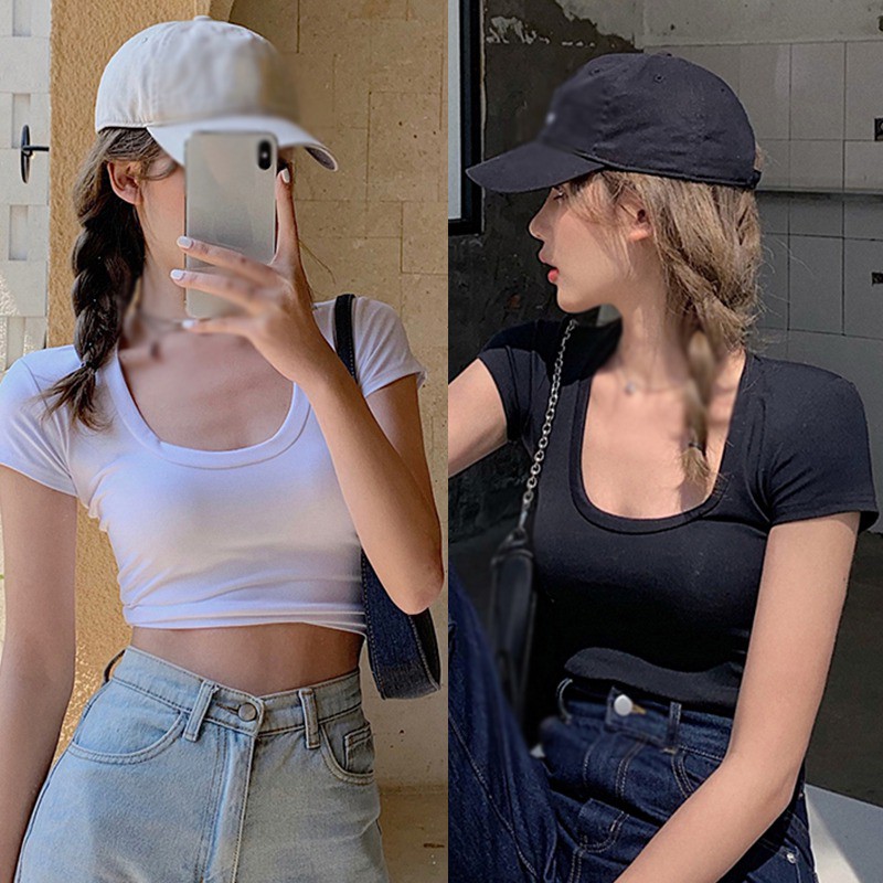 Women Sport U Neck Low Chest Lock Bone Short Sleeved Tight Slim T-shirt